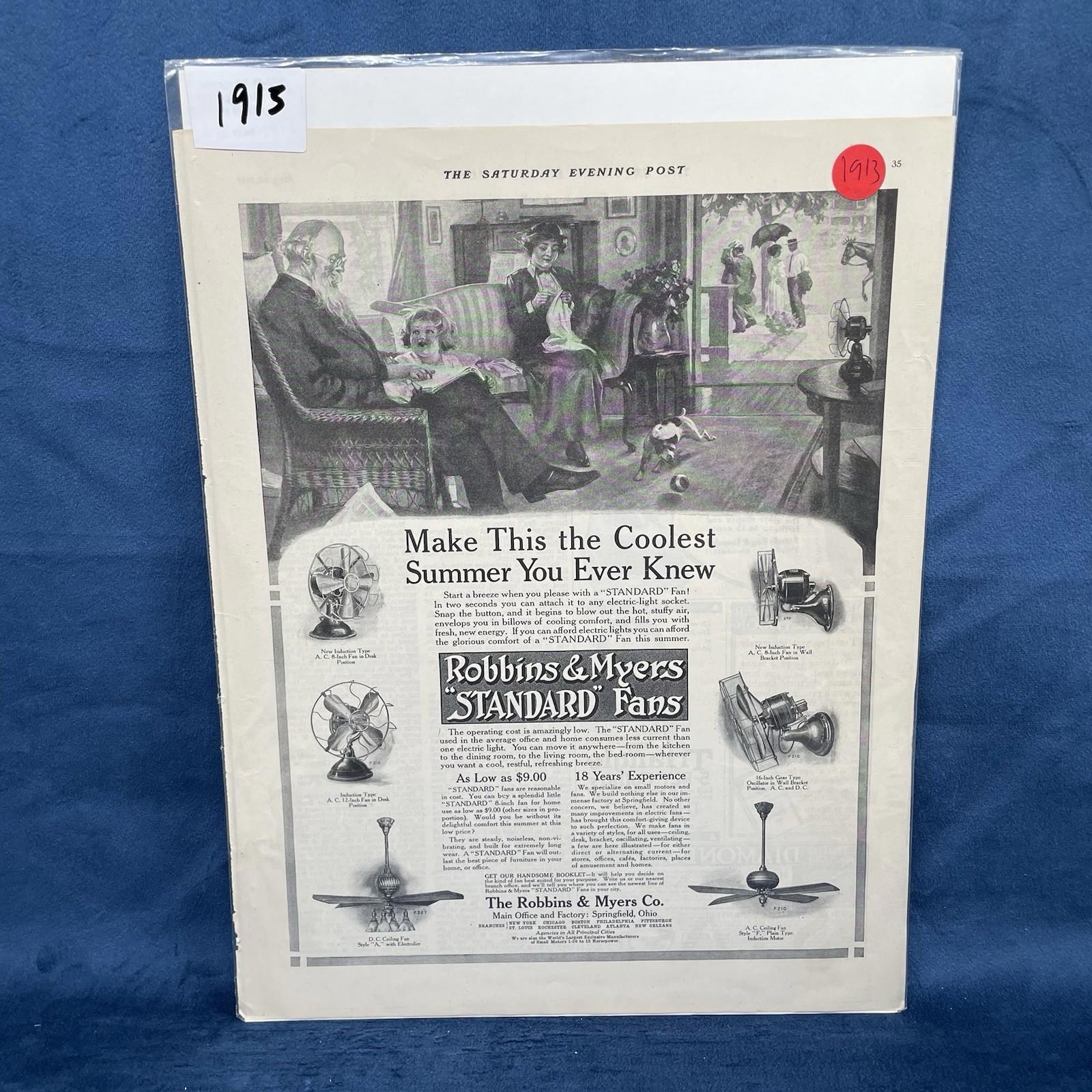 1913 Robbins & Myers Standard Fans Vintage AD