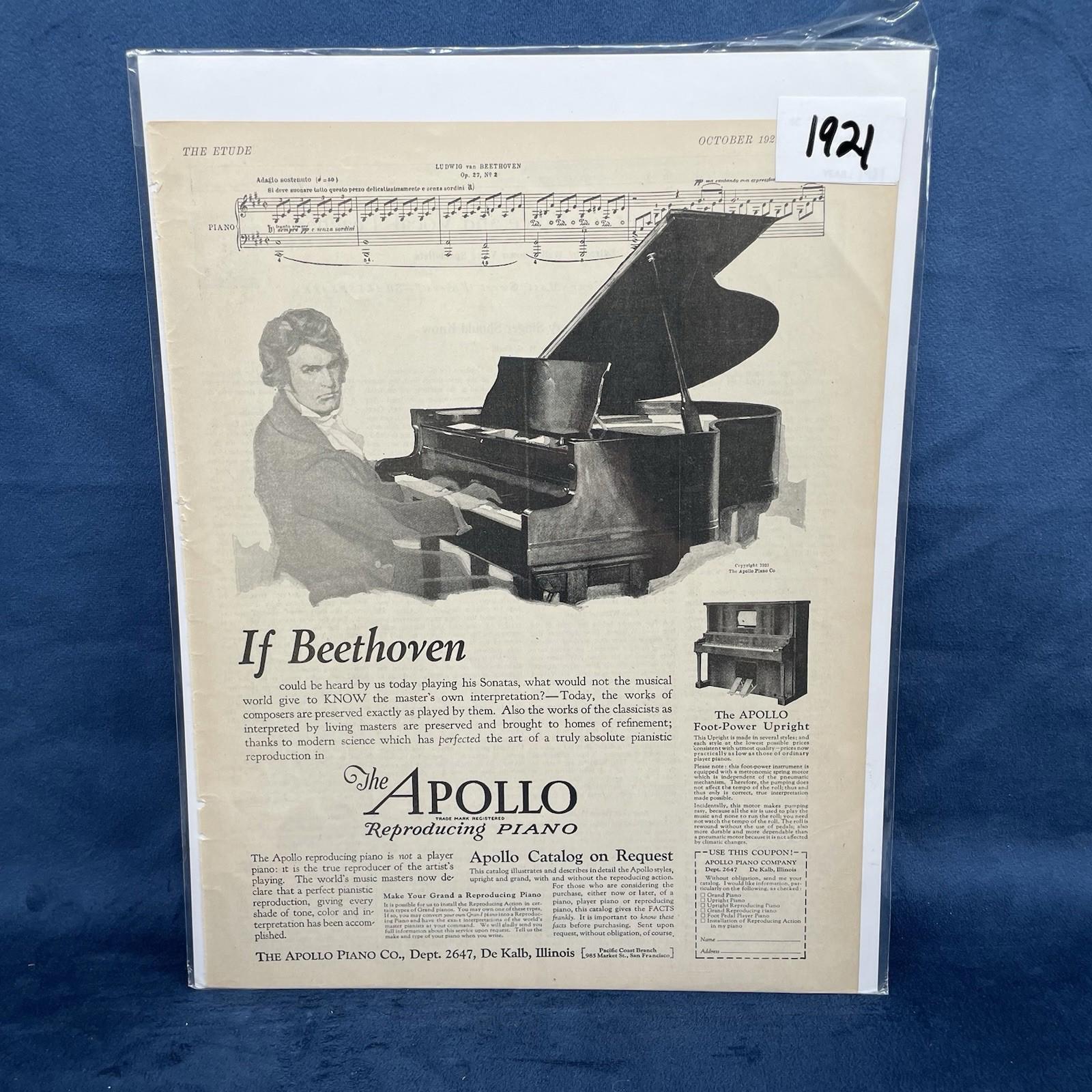 1921 Apollo Piano: Beethovens Genius Vintage Print Vintage AD