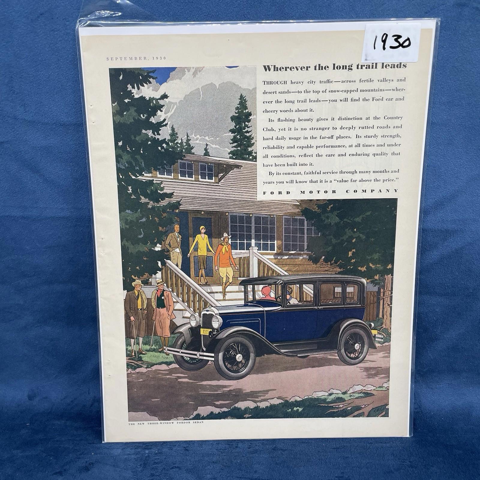 1930 Ford Motor Co three window fordor sedan car Vintage AD