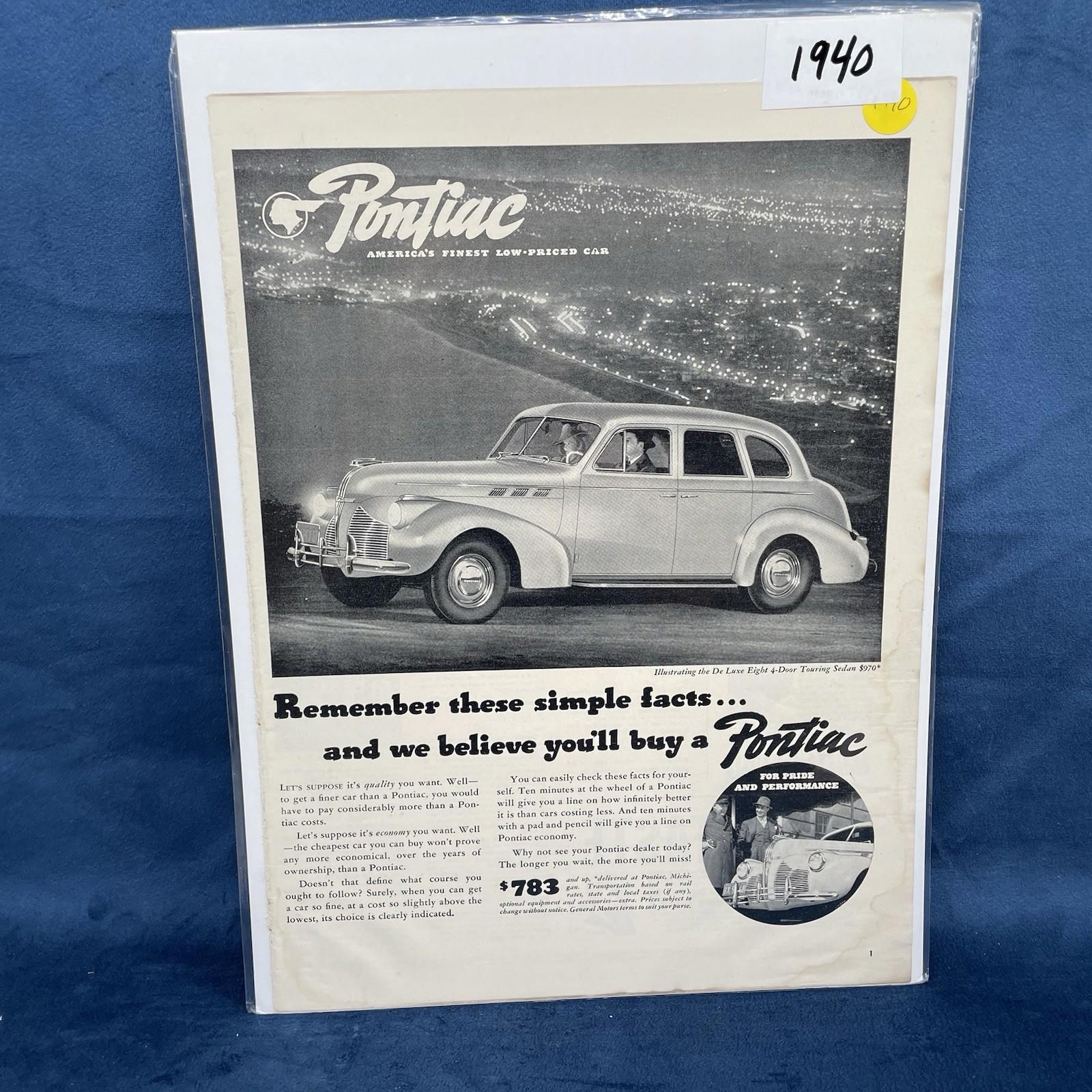 1940 Pontiac deluxe touring sedan car city lights vintage photo Print Vintage AD
