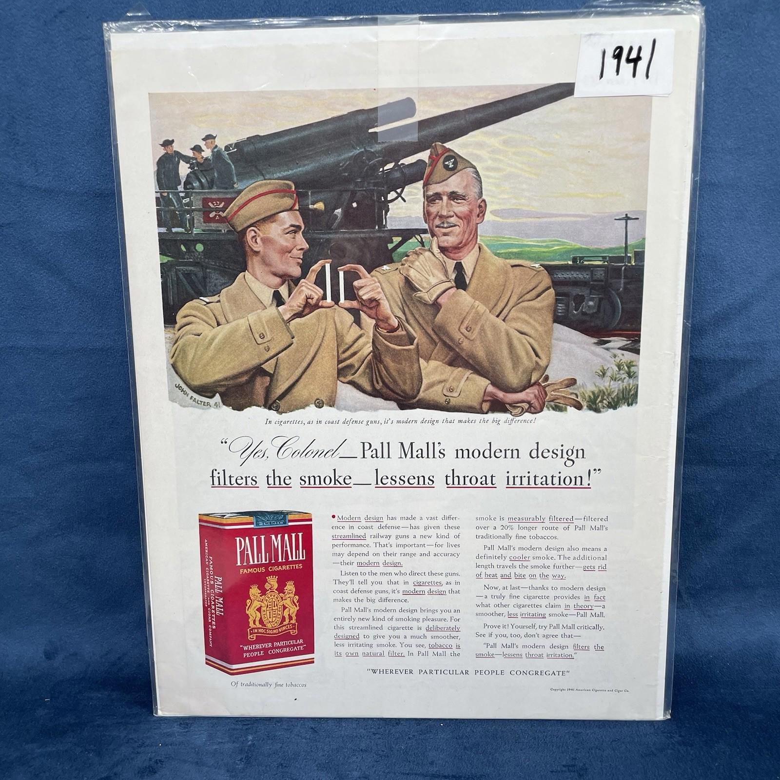 1941 JOHN FALTER WWII PALL MALL Cigarettes Art - Coast Defense Guns Vintage AD