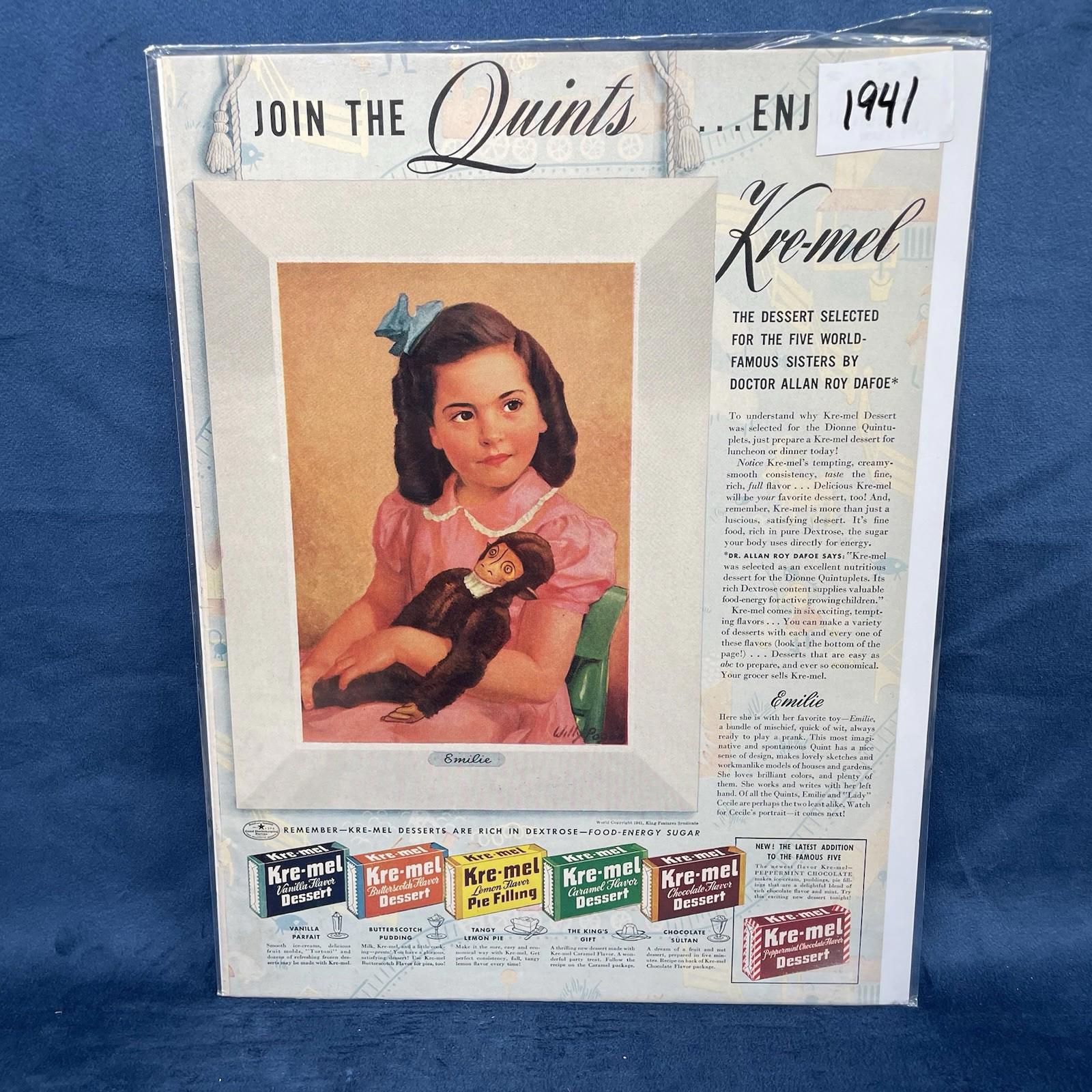 1941 Kre - Mel Dessert Join the Quints Emilie Dionne Vintage AD