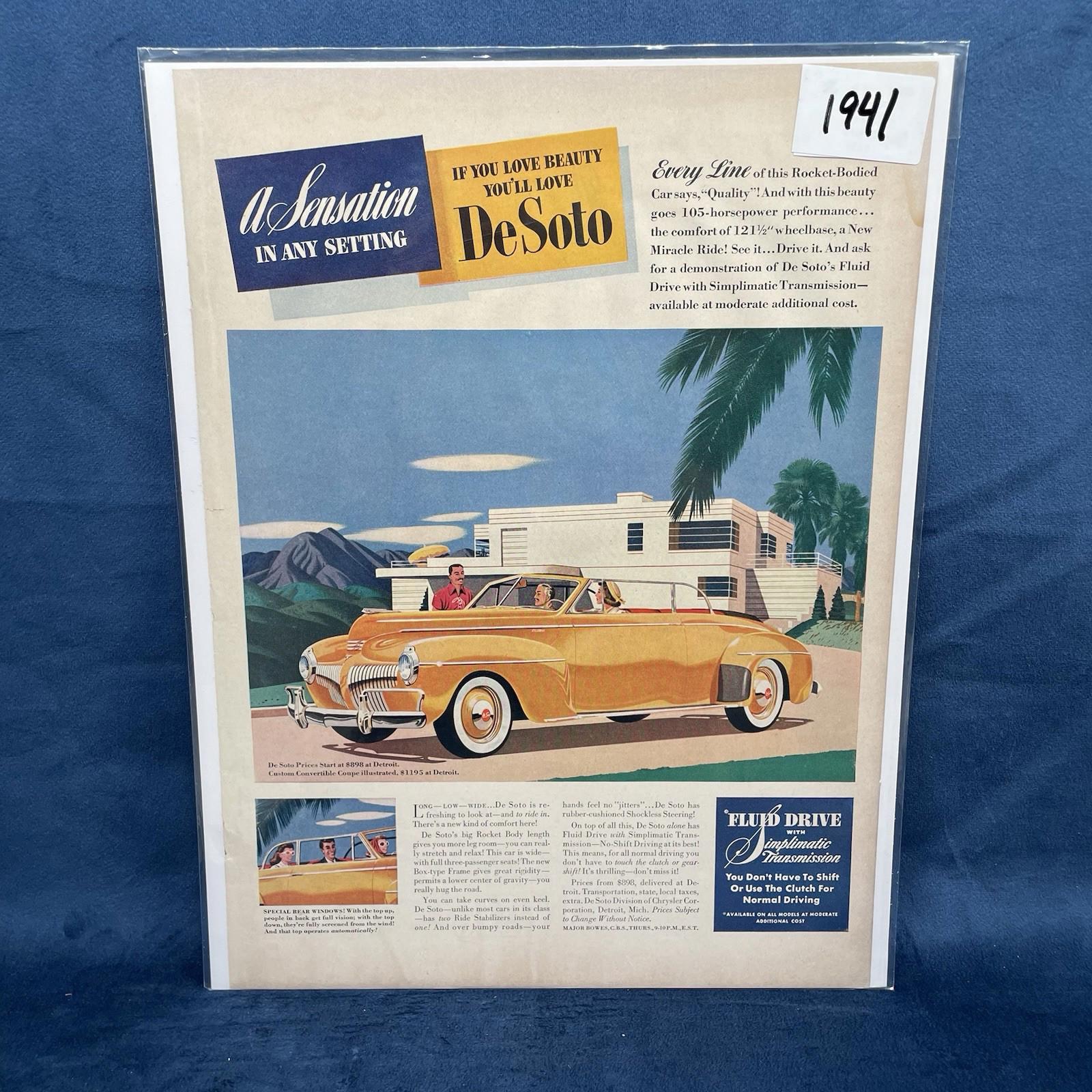 1941 Print For DeSoto Convertible Yellow Vintage AD
