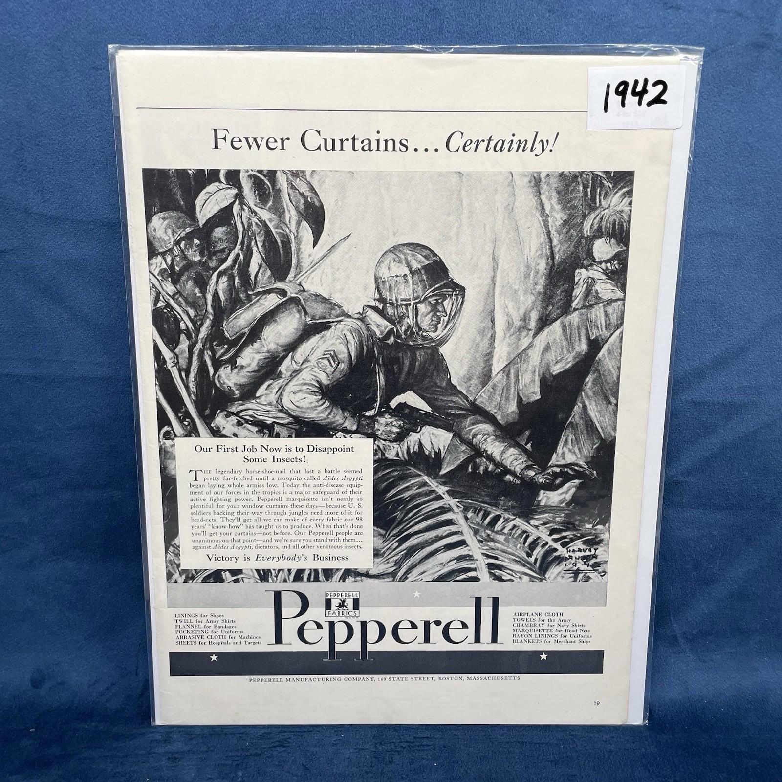 1942 Pepperell Fabrics WW2 Illustration Soldiers in Jungle Vintage AD