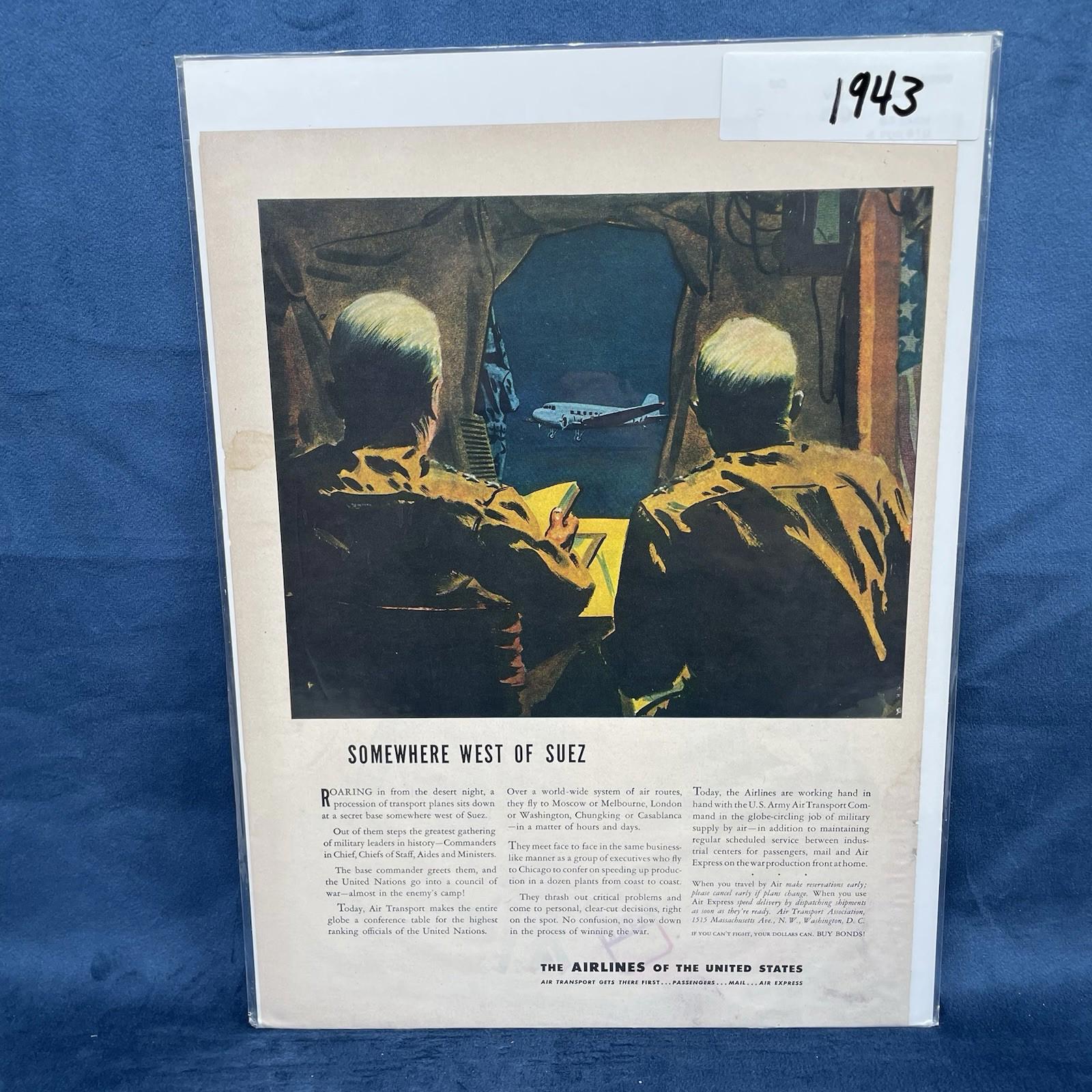 1943 Airlines of the United States WWII Air Transport Plane West of Suez VTG AD