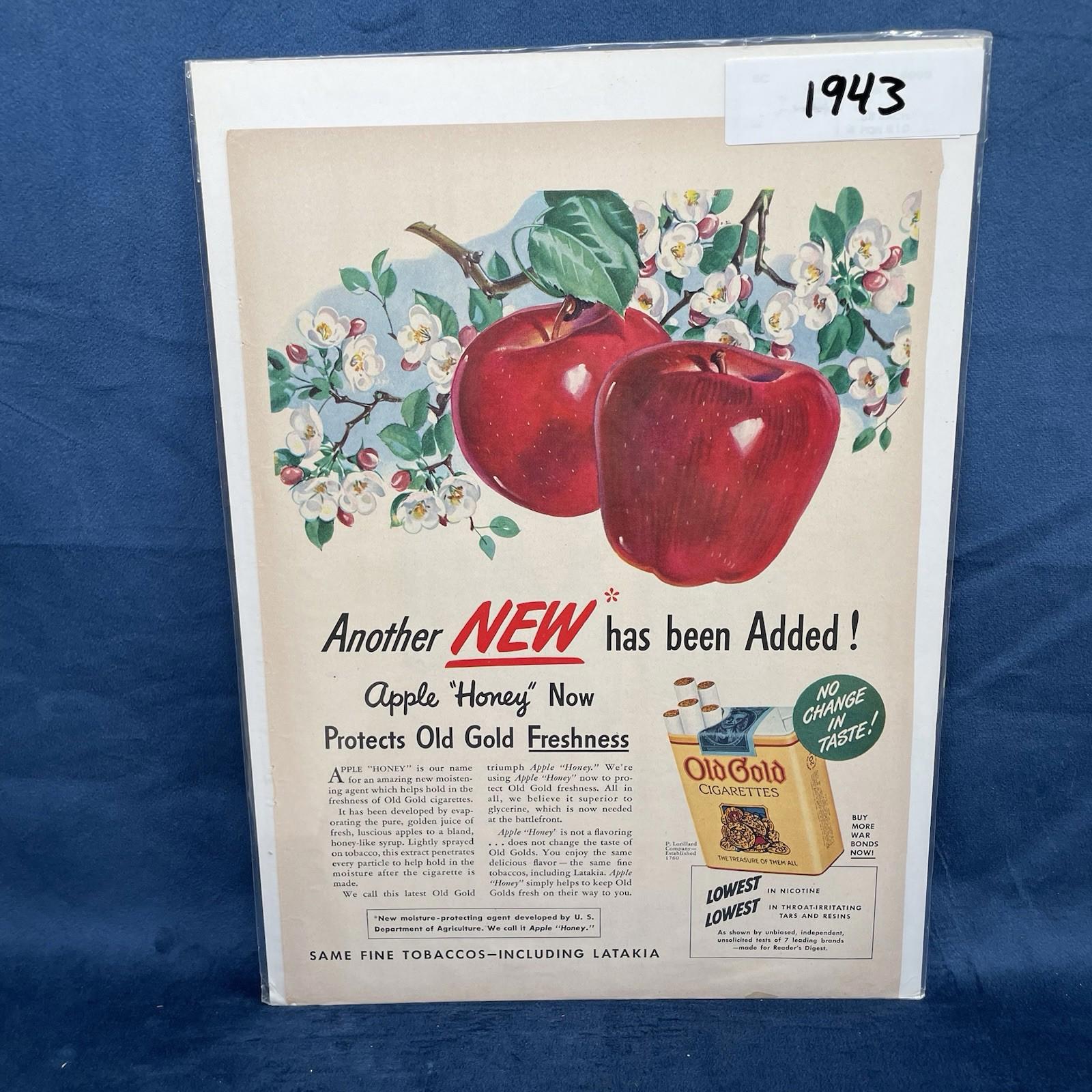 1943 CIGARETTE Old Gold Apple Honey ART Red Apples Tobacco Blooms VTG AD