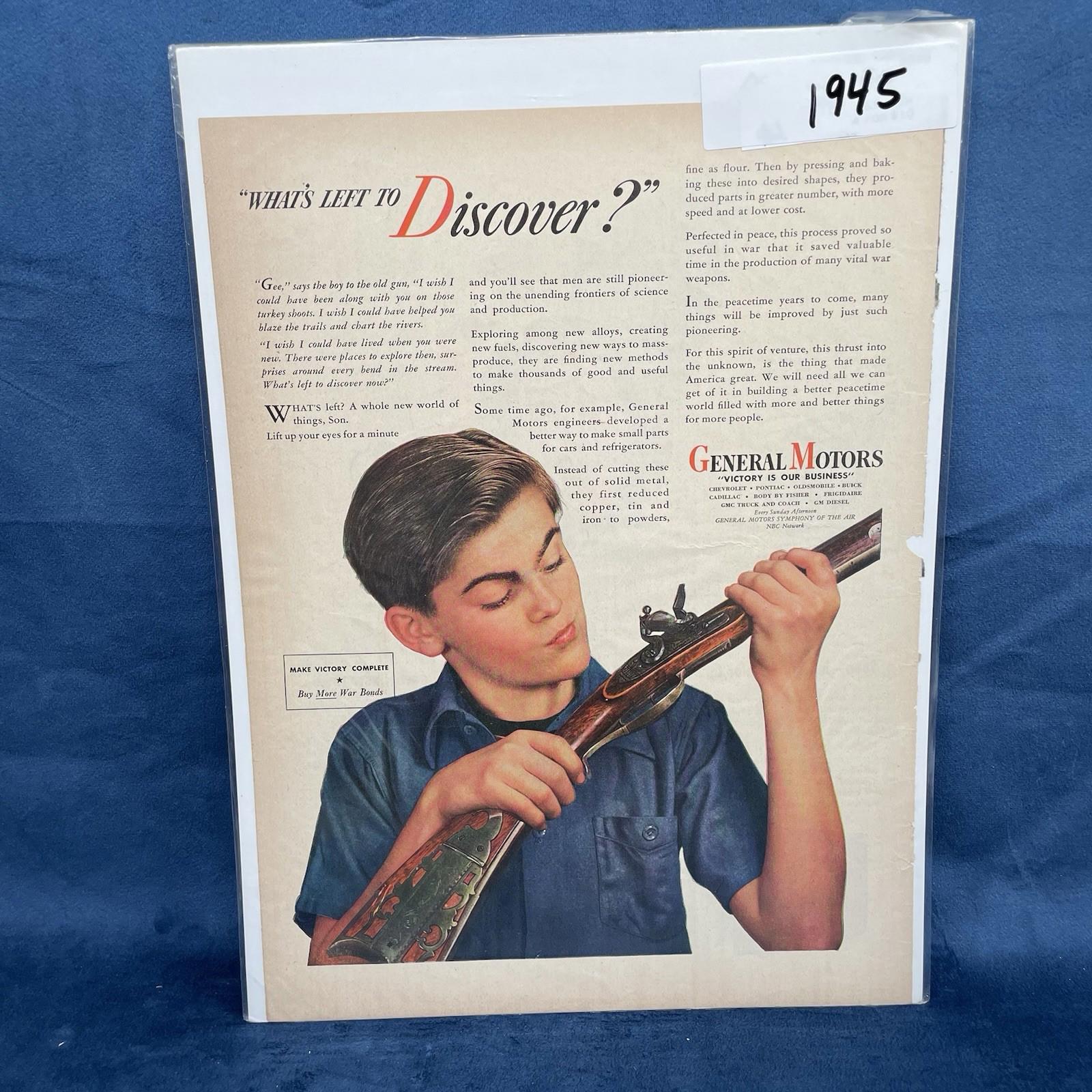 1945 General Motors Victory Is Our Business Flintlock Rifle Vintage AD