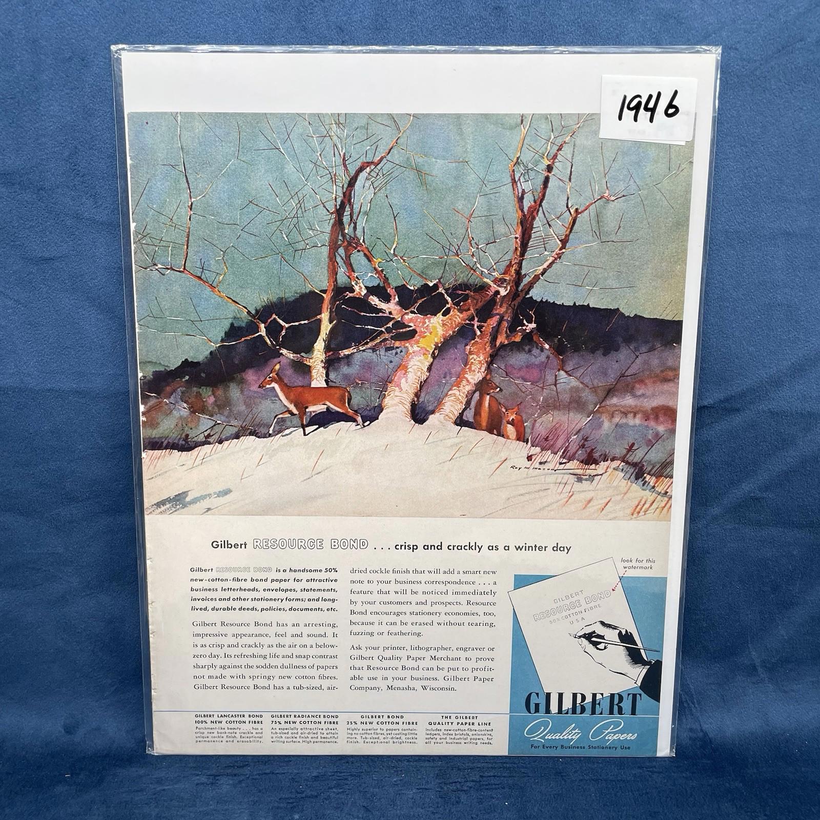 1946 Gilbert Quality Papers Magazine Winter Deer Vintage AD