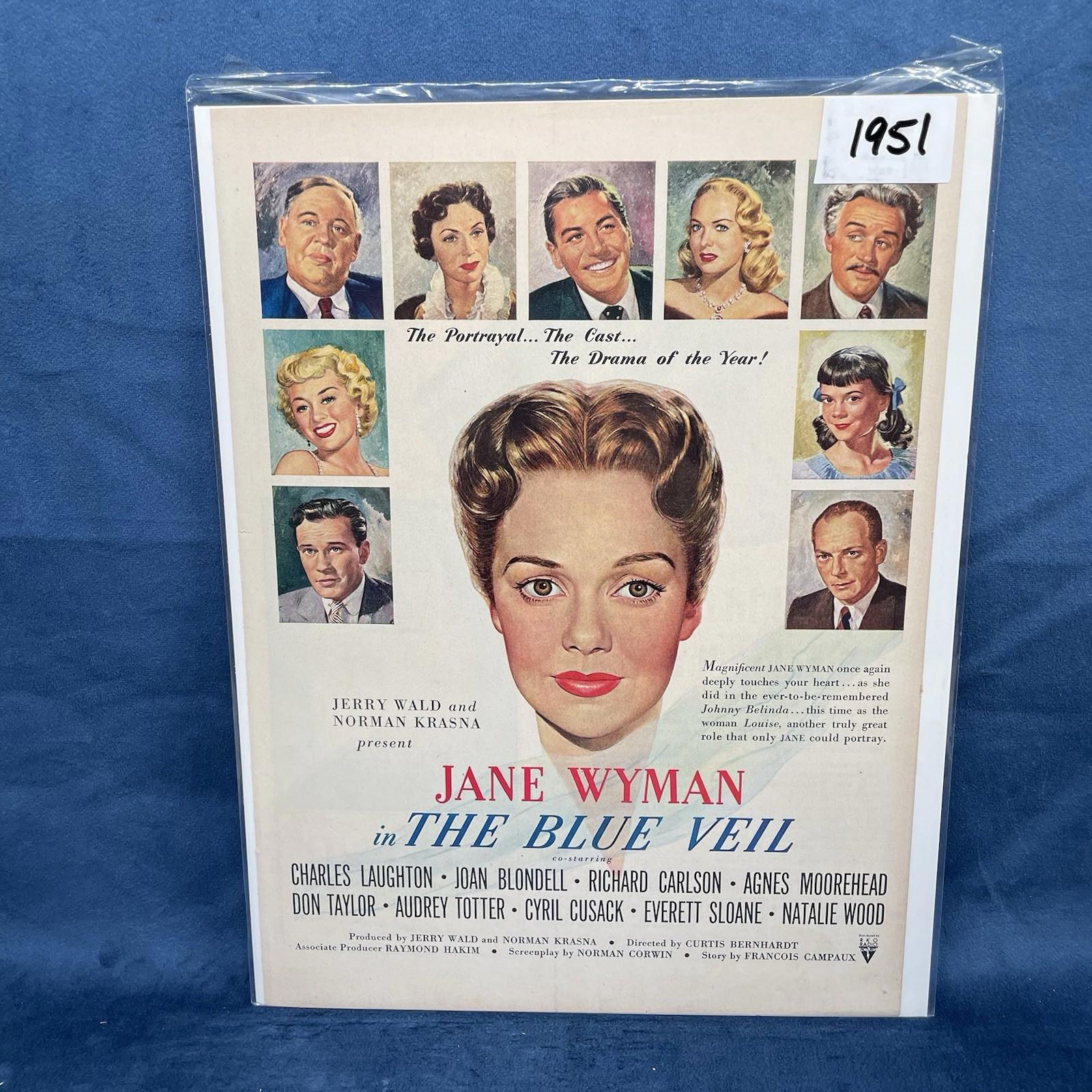 1951 Movie Promo: THE BLUE VEIL Jane Wyman Joan Blondell 50's Print Vintage AD