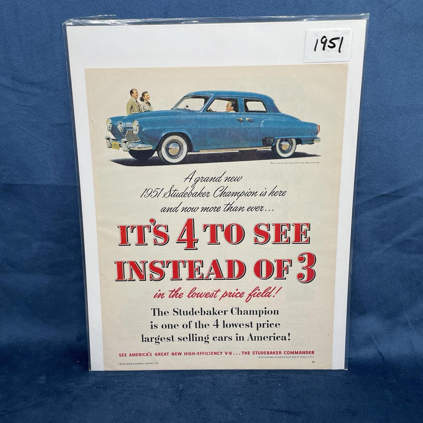 1951 Studebaker Champion Commander V - 8 Sedan Vintage AD