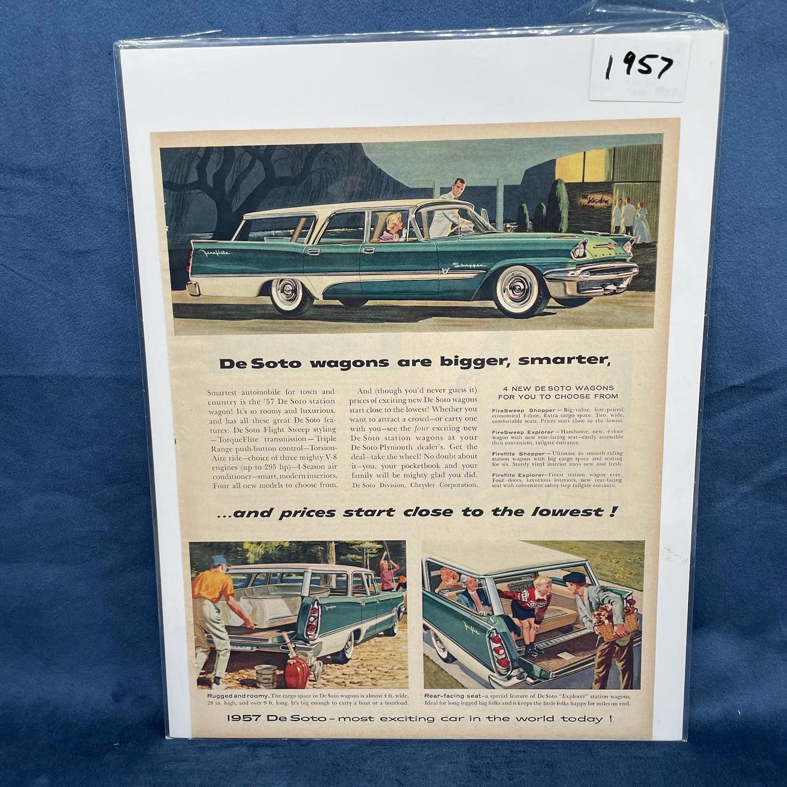 1957 DESOTO Fireflite Shopper Green and White Station Wagon Vintage AD
