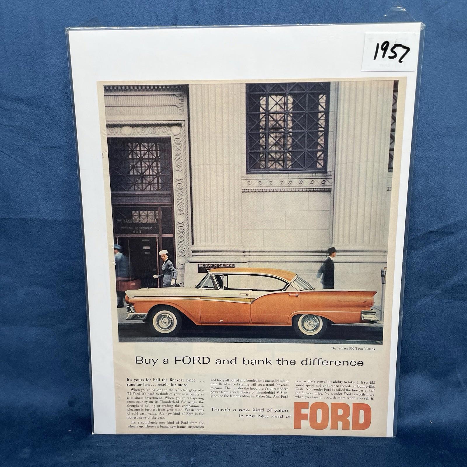 1957 Ford Fairlane 500 Hardtop Orange Car - Bank Of California Vintage VTG AD