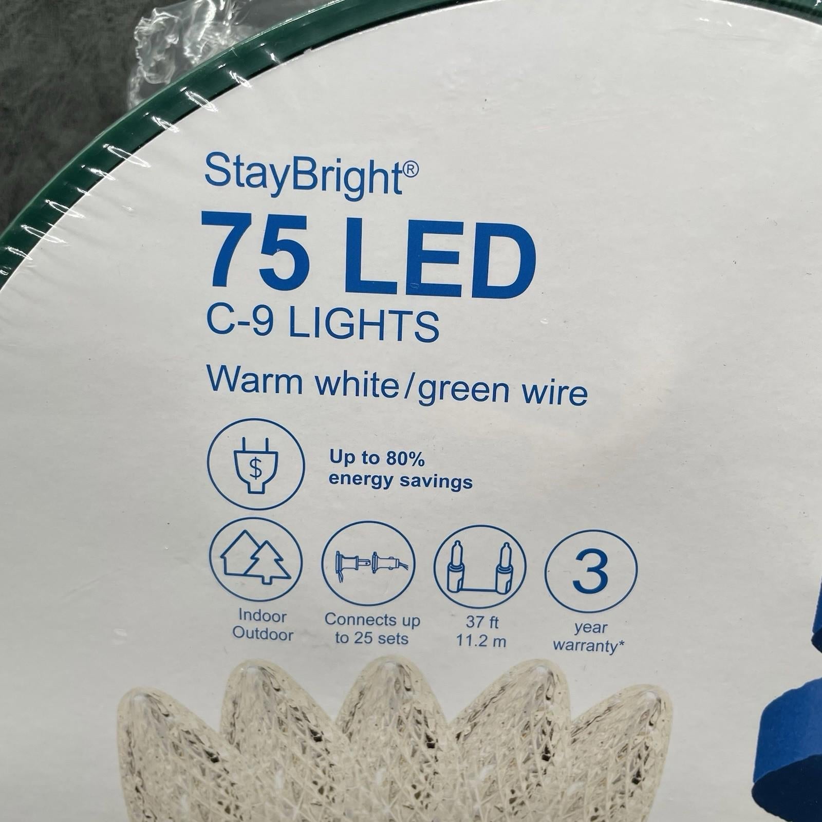 GE Staybright 75 - Count Led C9 Clear Led Christmas String Lights Energy Star Warm White - 91146LO - NEW