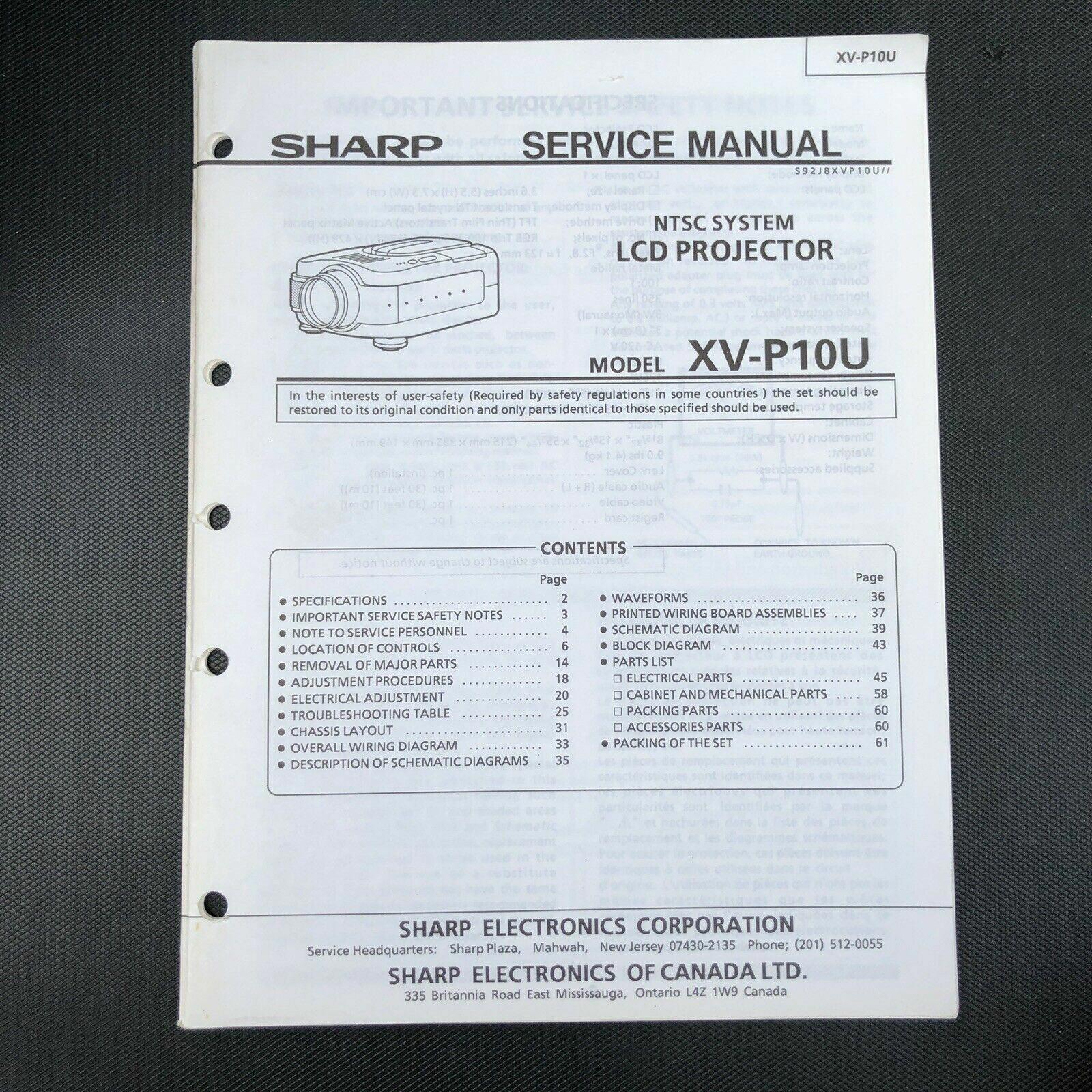 Original Sharp XV - P10U LCD Projector Service Manual