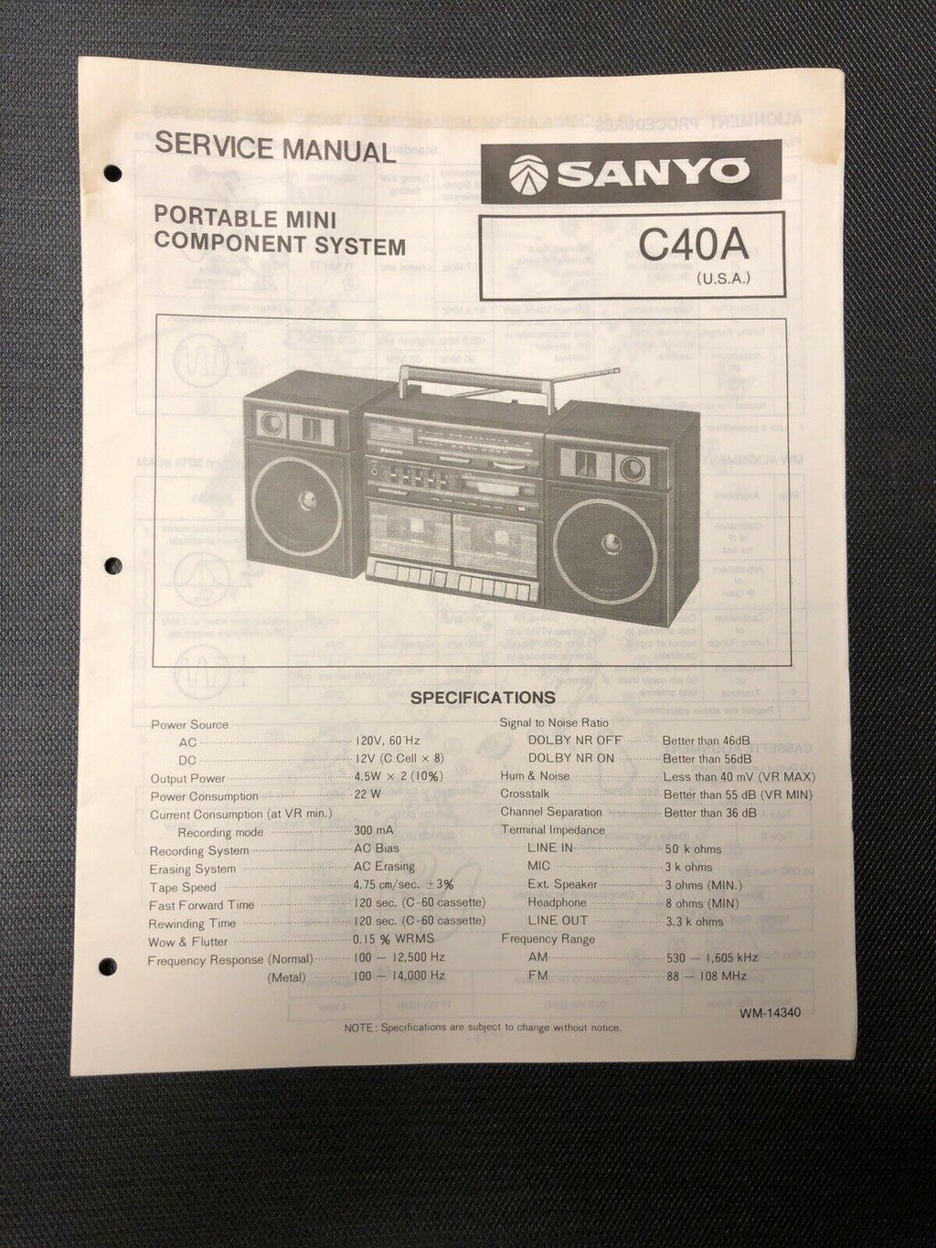 Sanyo C40A service manual original repair book stereo boombox radio tape player