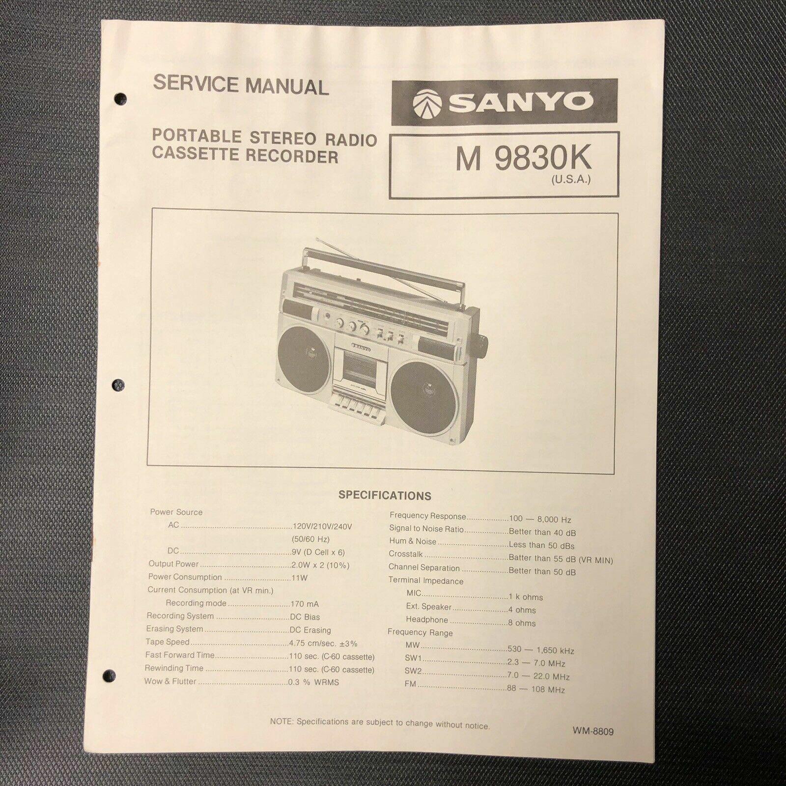 Sanyo M 9830K service manual original repair book stereo tape deck radio boombox