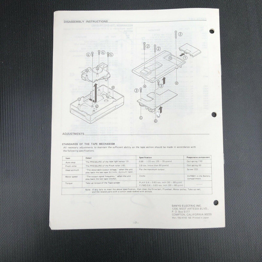 Sanyo M GP9 Stereo Cassette Player Service Manual