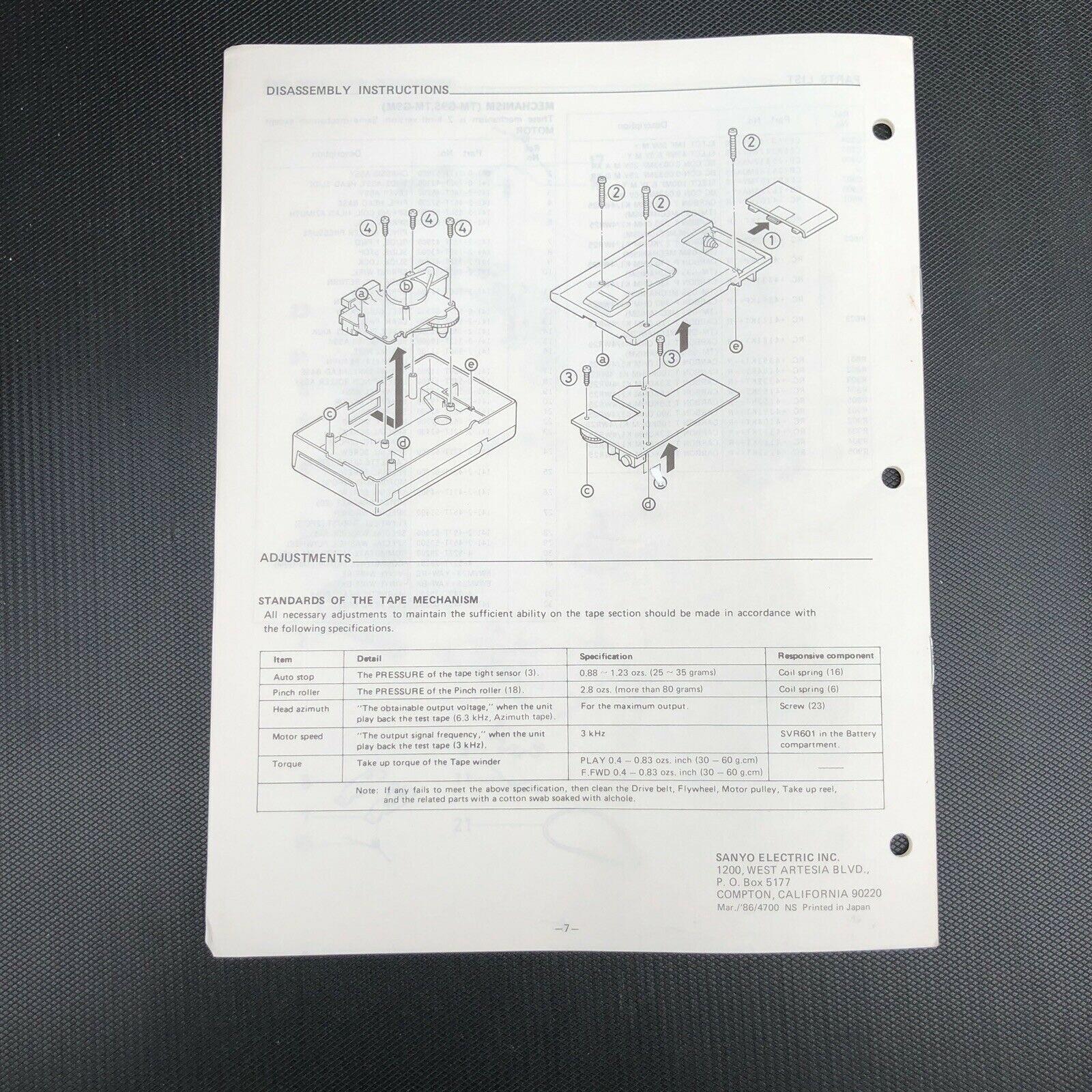 Sanyo M GP9 Stereo Cassette Player Service Manual