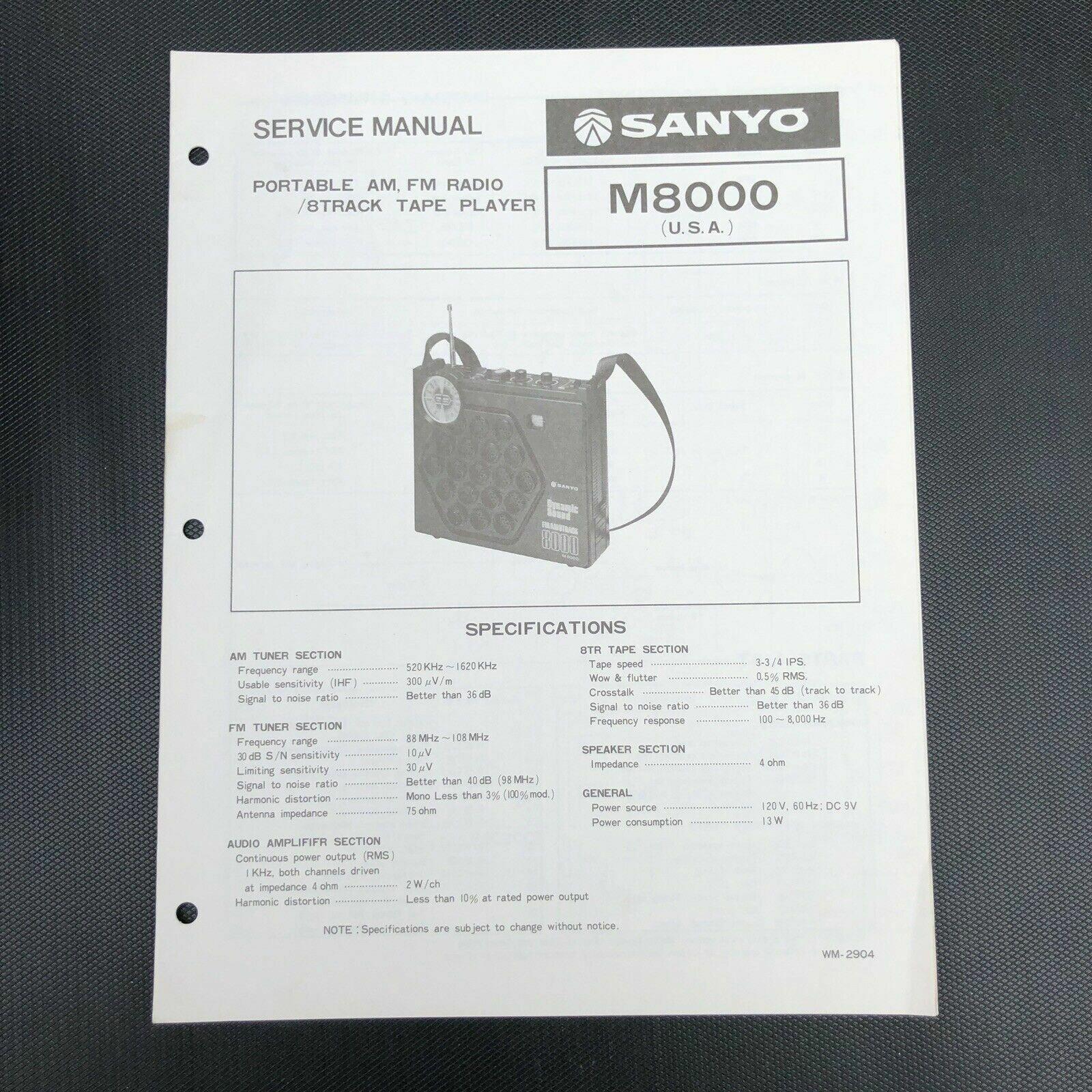 Sanyo M8000 Portable AM, FM Radio 8 Track Tape Player Service Manual