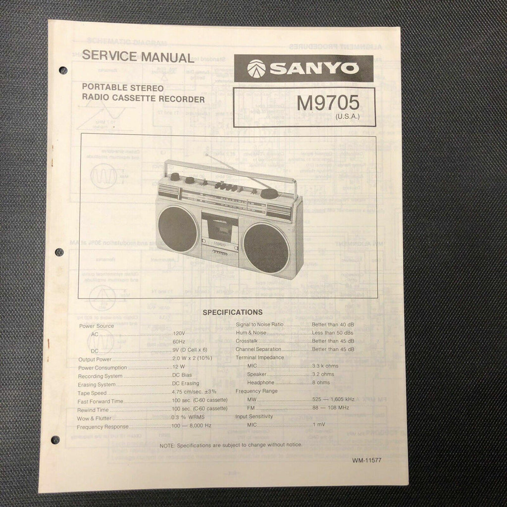 Sanyo M9705 service manual original repair book stereo tape player radio boombox