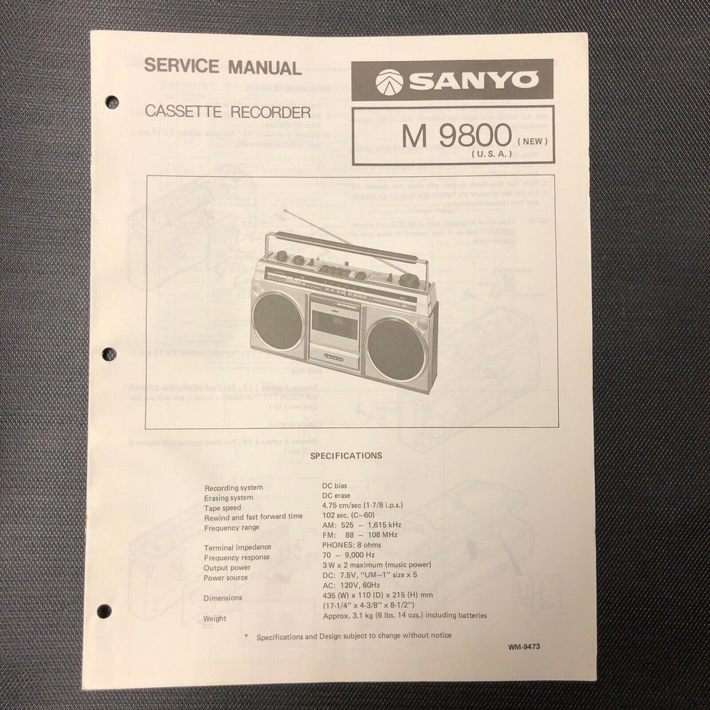 Sanyo M9800 service manual original repair book stereo tape player radio boombox