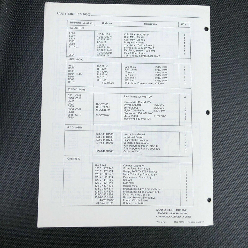 SANYO RP9420 WEATHER - MATIC PORTABLE RADIO ORIGINAL SERVICE MANUAL
