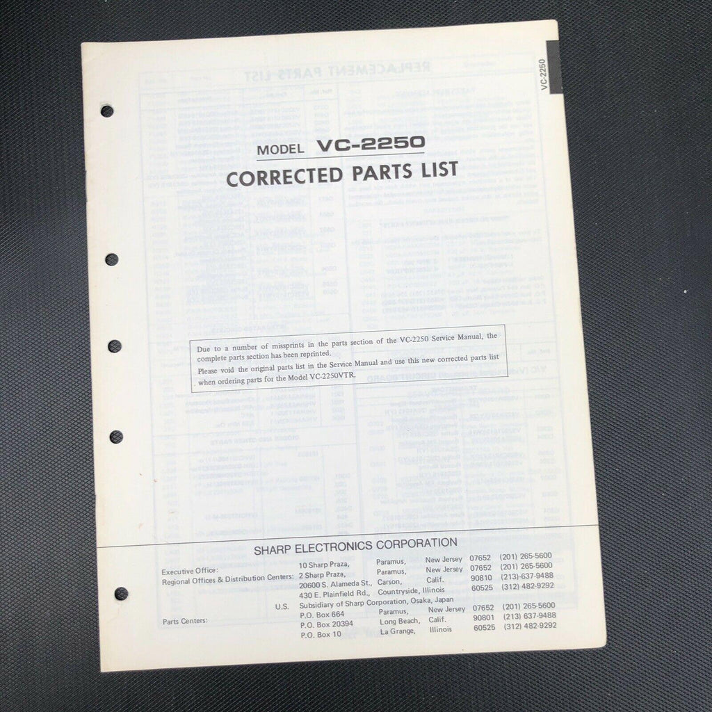 Sharp VC - 2250 corrected parts list manual