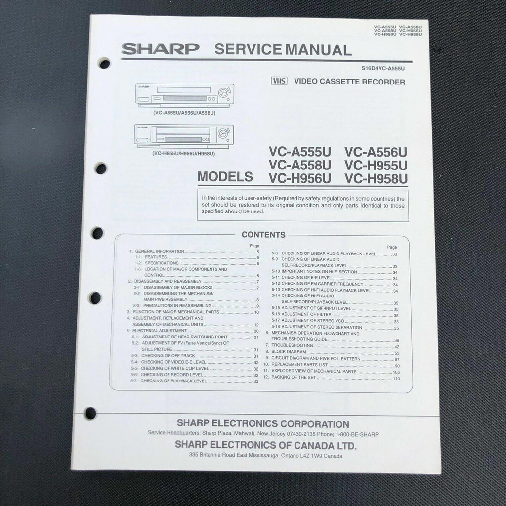 Sharp VC - A555U A556U A558U H955U H956U H958U Video Cassette Service Manual