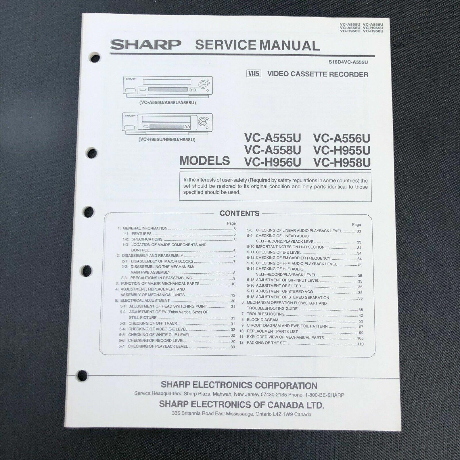 Sharp VC - A555U A556U A558U H955U H956U H958U Video Cassette Service Manual