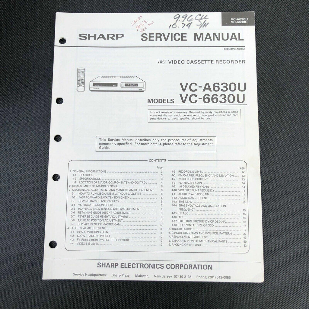 sharp VC - A630U VC6630U Video Cassette Recorder service manual