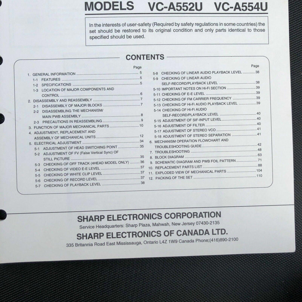 Sharp VC - H952U H953U A954U A353U A552U Service Manual OEM VCR video recorder