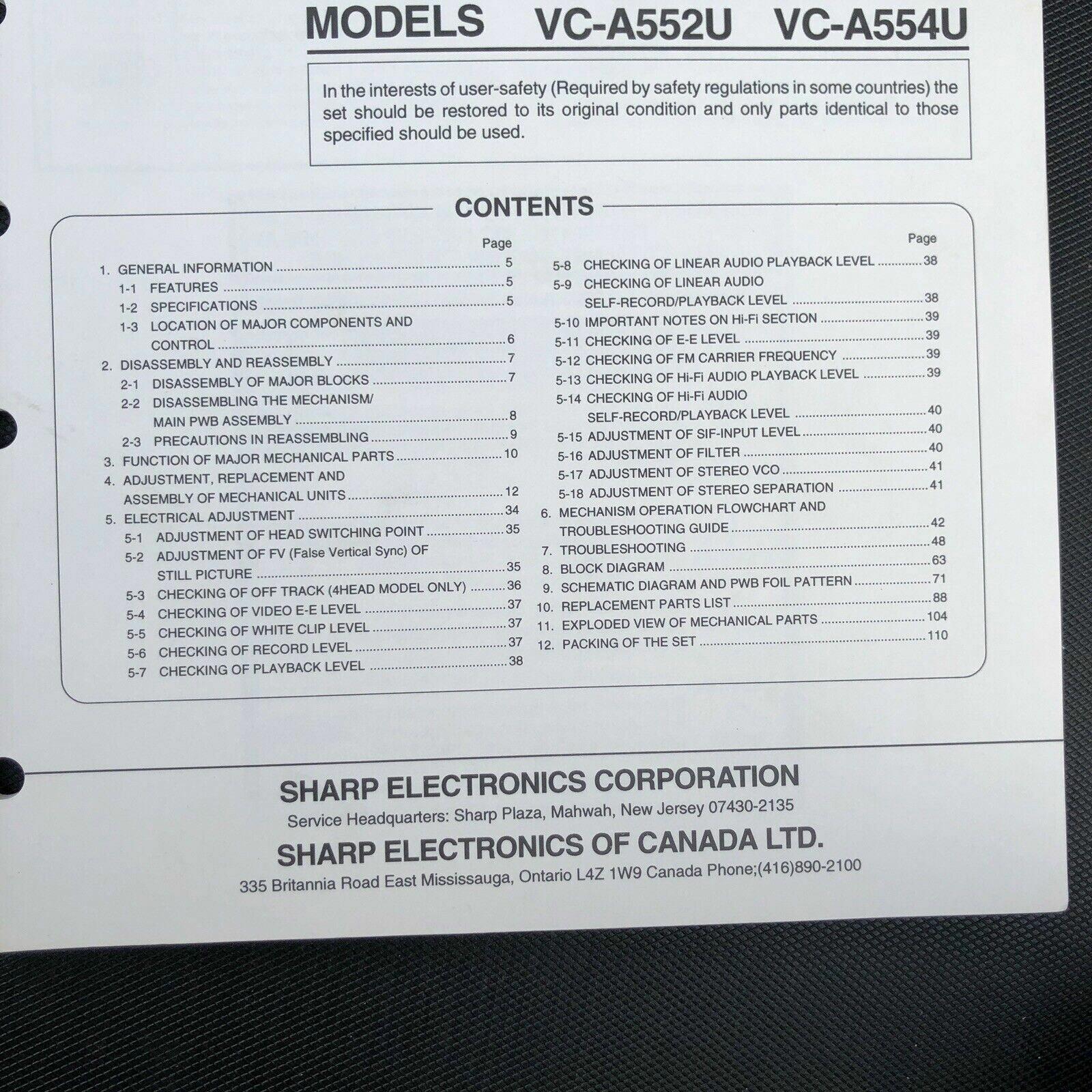 Sharp VC - H952U H953U A954U A353U A552U Service Manual OEM VCR video recorder