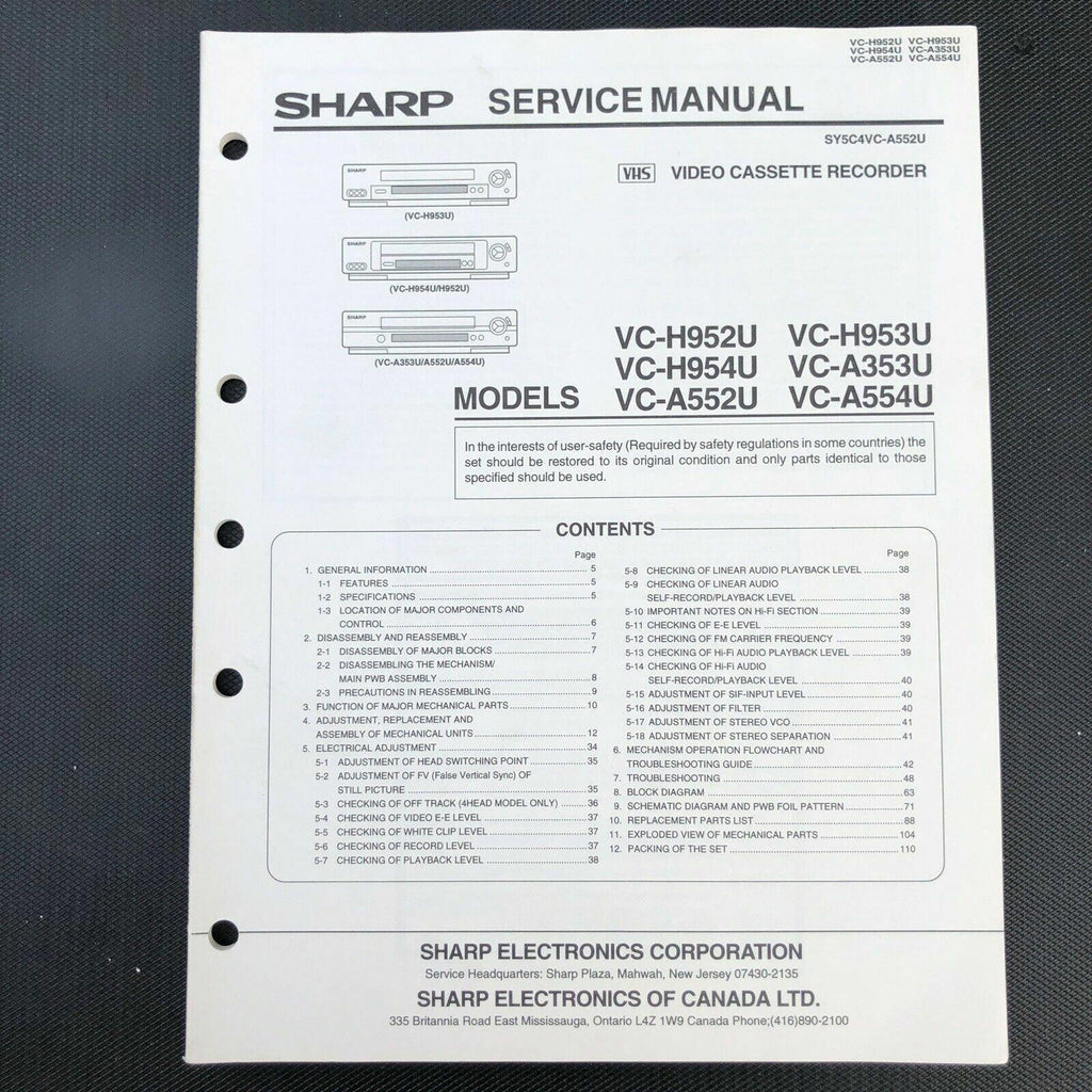 Sharp VC - H952U H953U A954U A353U A552U Service Manual OEM VCR video recorder