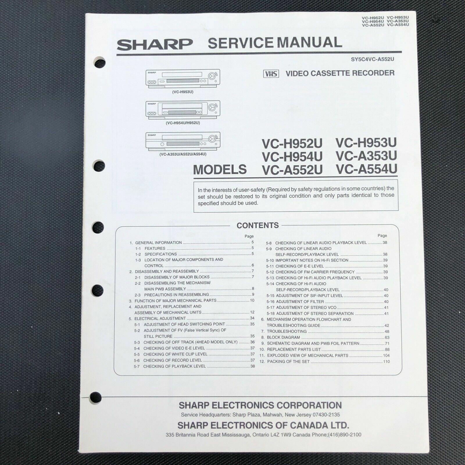 Sharp VC - H952U H953U A954U A353U A552U Service Manual OEM VCR video recorder