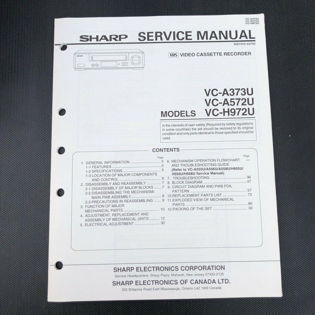 Sharp Video Cassette Recorder Service Manual VC - A373U, VC - A572U, VC - H972U